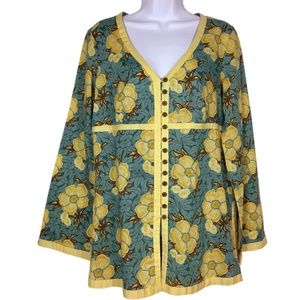 Liz & Co Blue Yellow Floral Print V-Neck Blouse or BOHO Top